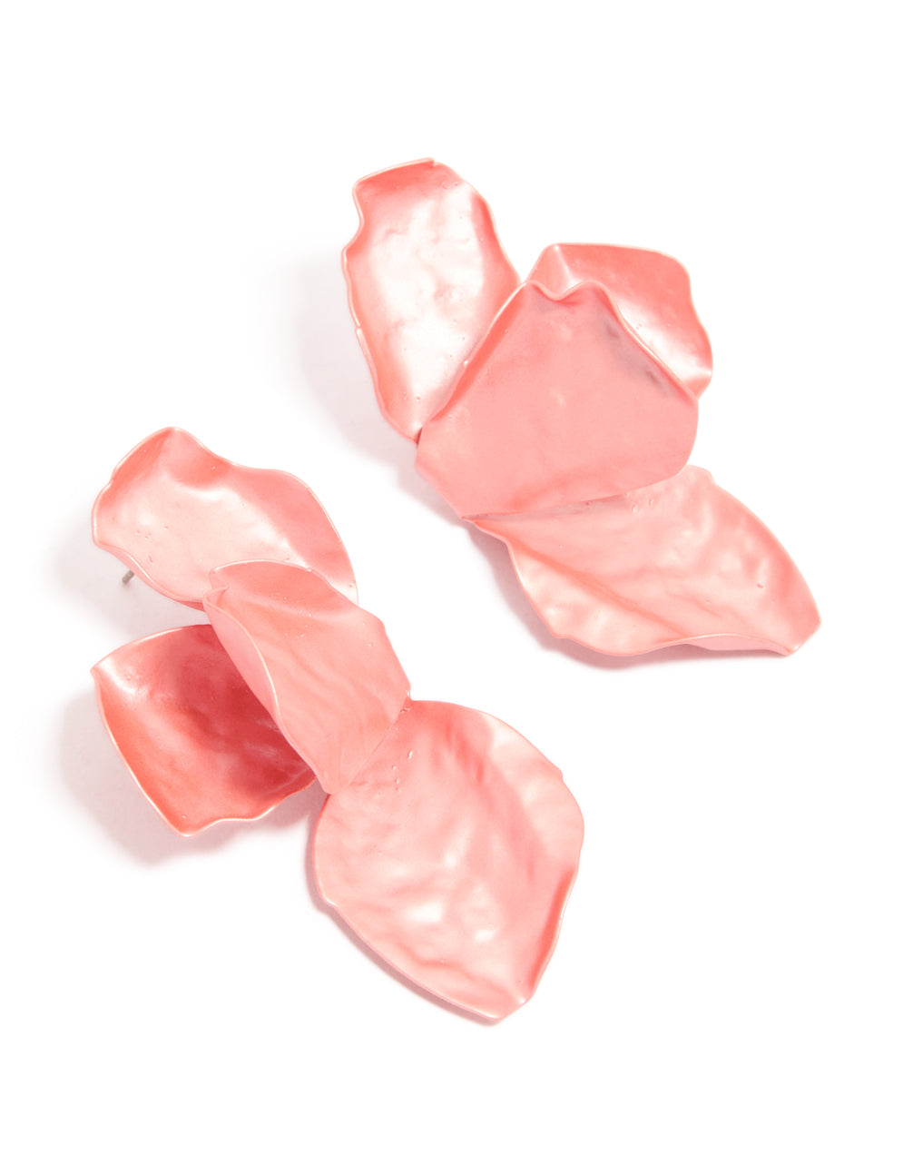 Showcasing coated metal drop earrings featuring floral petal design in light pink and coral front view