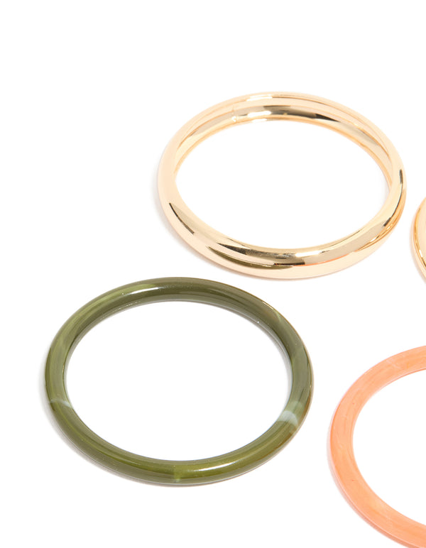 Featuring gold and mixed acrylic bangles in a 4-pack with close up view