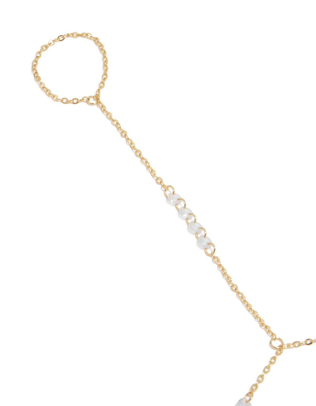 Showcasing gold plated floating cubic zirconia hand chain bracelet with featuring beads close up view