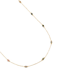 This gold plated multicoloured semi precious stones beaded waist chain features an embellished pattern with waisted shape front view - link has visual effect only