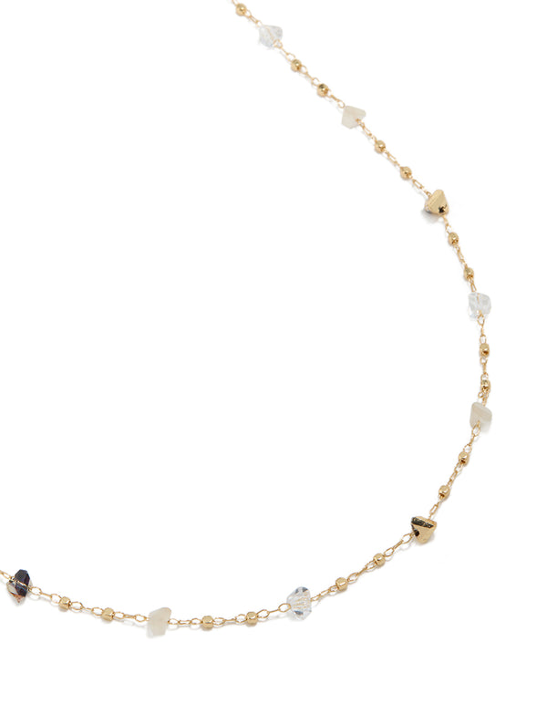 Gold plated multicoloured semi precious stones waist chain featuring embellished pattern with beads in a waisted shape front view