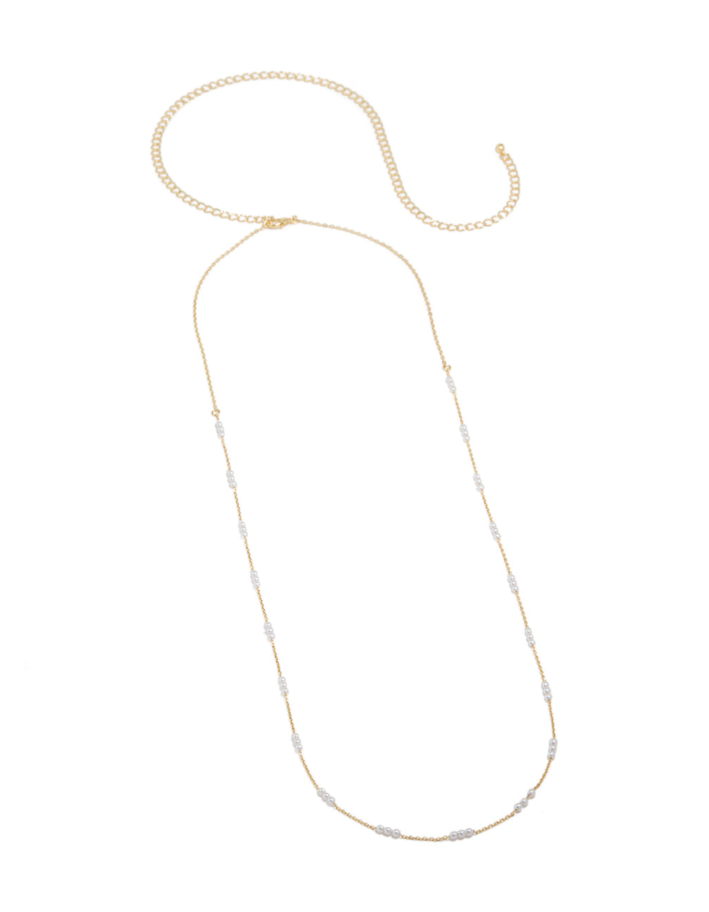 Elegantly designed gold plated waist chain featuring mini pearls with embellished pattern side view