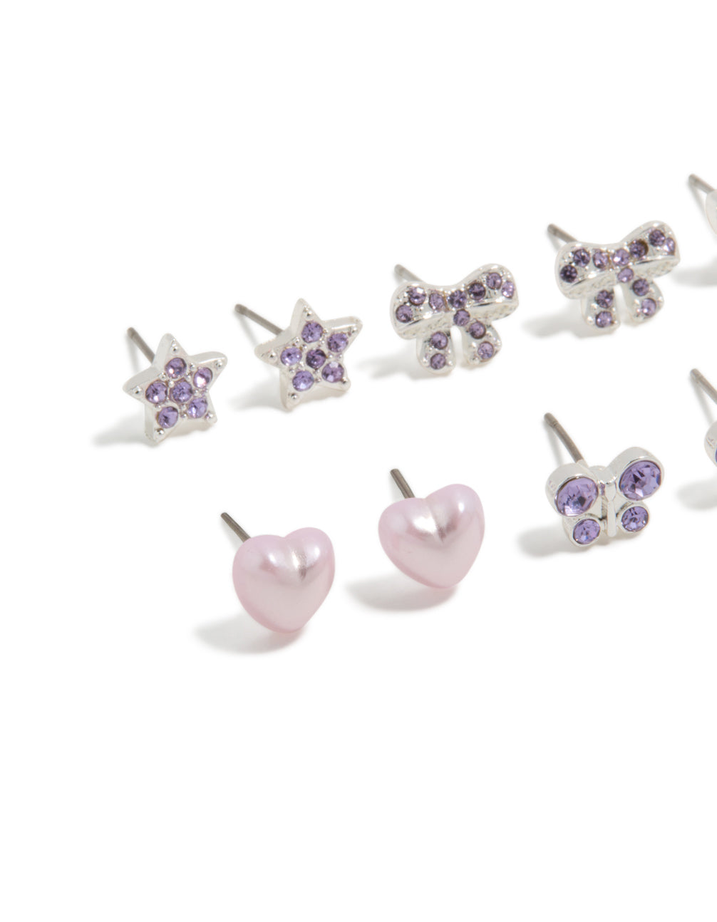 Showcasing kids diamante butterfly stud earrings 6-pack with heart, bow and star designs in silver plated finish close up view