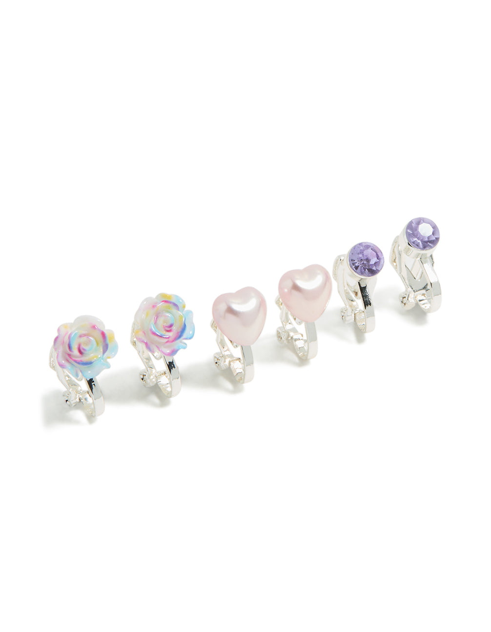 Designed with kids clip-on earrings in a 5-pack featuring butterfly, floral rose, heart, and pearl accents with silver plated ombre finish in lavender, light pink, and white post detail view