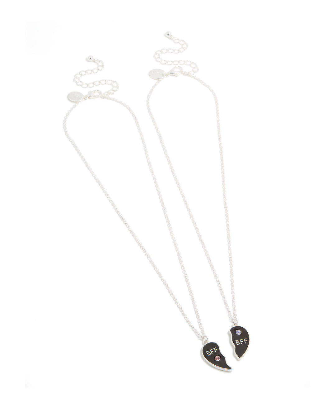 Shop kids mood diamante BFF heart necklaces in a 2-pack featuring script detailing, made from plated material, in front view