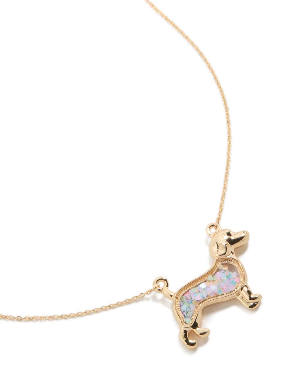 Showcasing a kids sausage dog shaker necklace with animal featuring glitter pendant in gold close up view