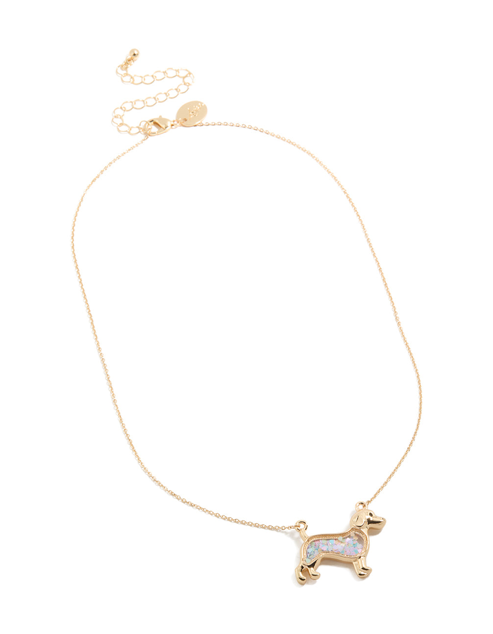 Discover a kids sausage dog shaker necklace featuring animal with glitter pendant in gold front view