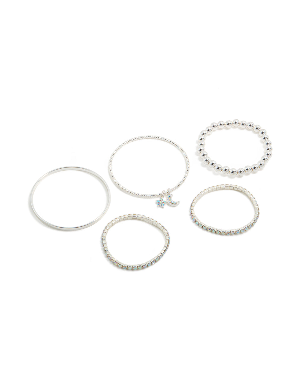 Beautifully designed kids silver diamante celestial bracelets 5-pack featuring beads, moon charm, and bangle styles front view