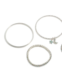 Stylish kids silver diamante celestial bracelets 5-pack with beads, moon charm, and bangle styles close up view - link has visual effect only