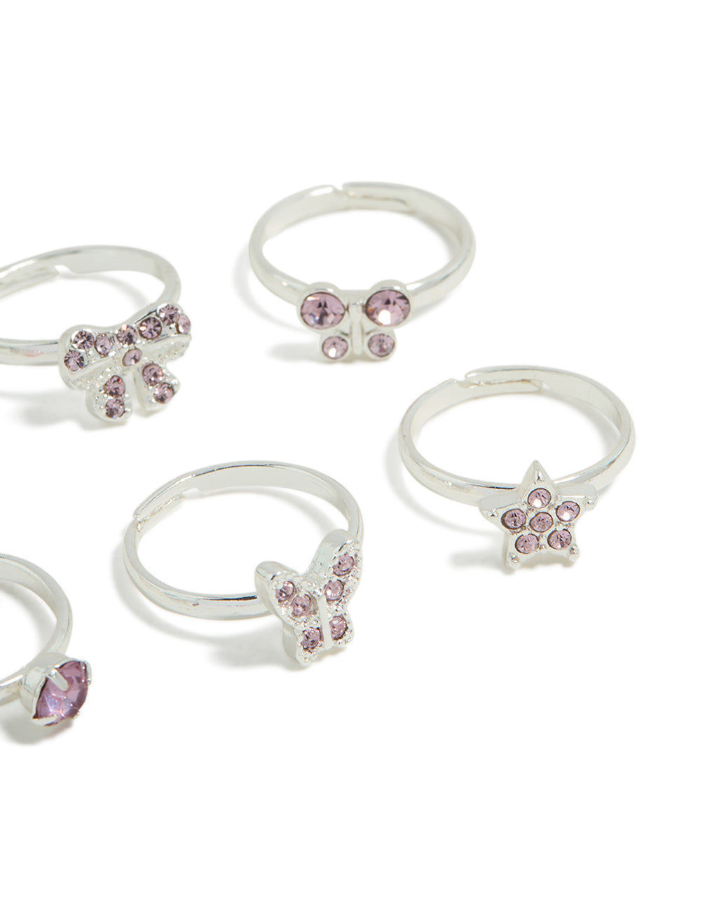 Designed with bow, pearl and butterfly details in silver with pink and plum tones post detail view