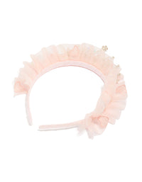 Presenting kids pink ballerina tutu frill tiara headband with pearl and in mixed metals side view - link has visual effect only