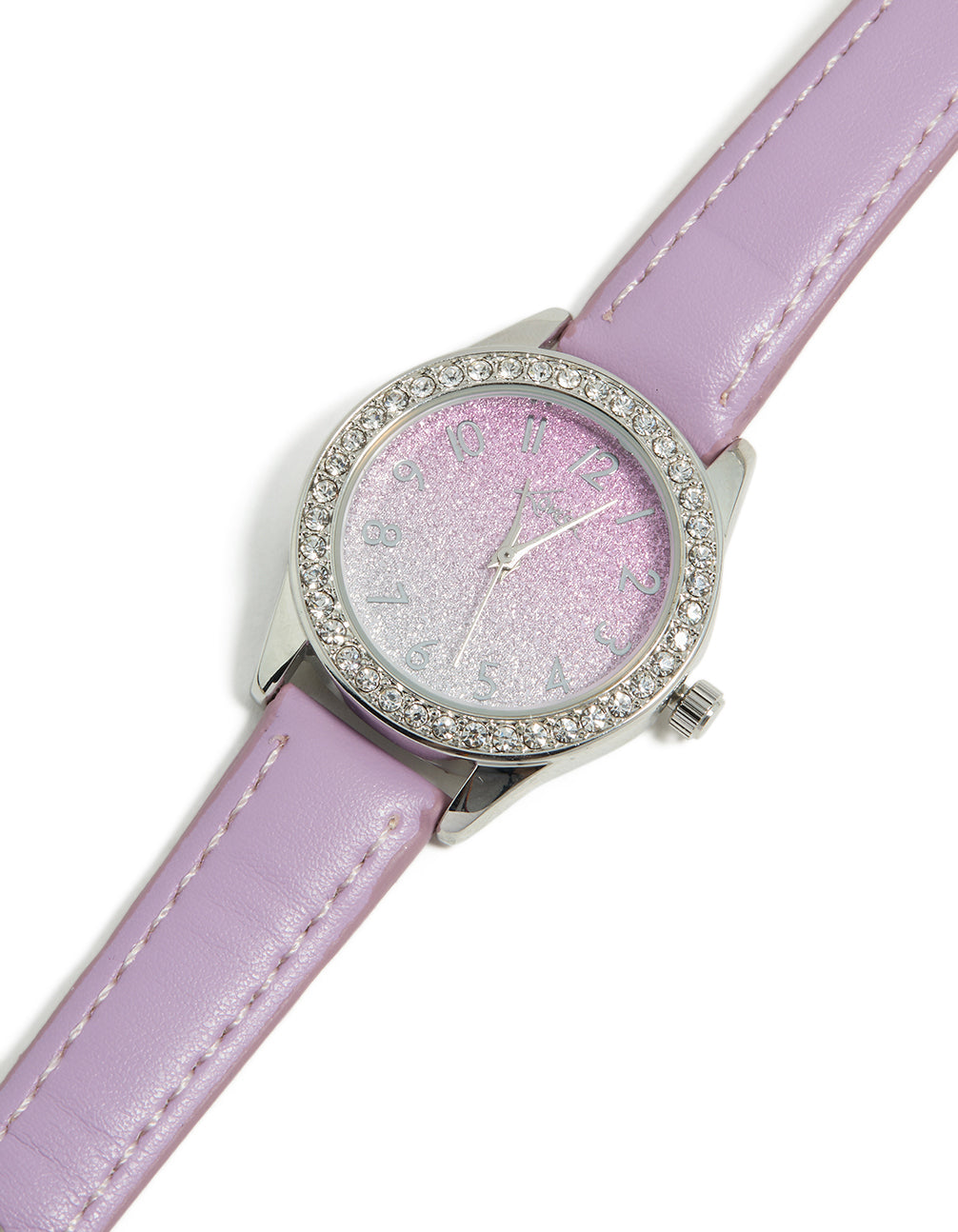 Discover a kids watch featuring glitter dial with round shape in casual style crafted from leather strap in pink color analog type side view