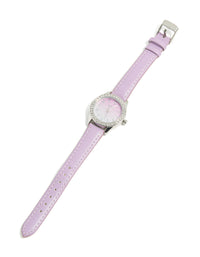 Explore a kids watch with glitter dial featuring round shape in casual style crafted from leather strap in pink color analog type front view - link has visual effect only
