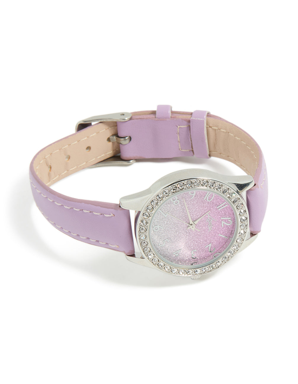 Explore a kids watch with glitter dial featuring round shape in casual style crafted from leather strap in pink color analog type front view