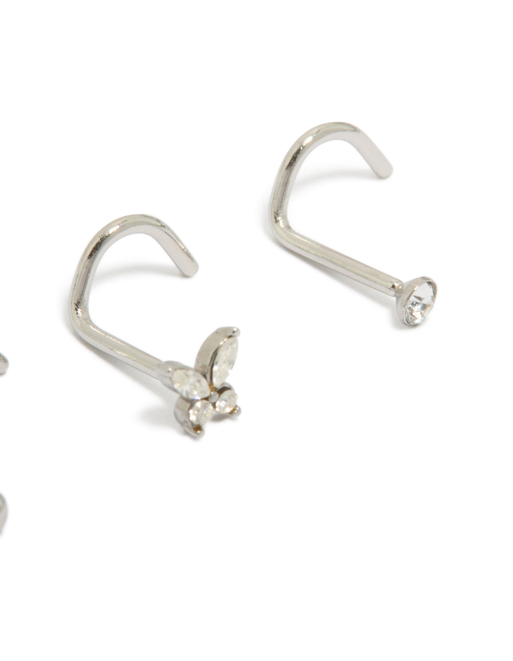 Featuring butterfly corkscrew nose studs with balls crafted from surgical steel and cubic zirconia in silver 3-pack detail view