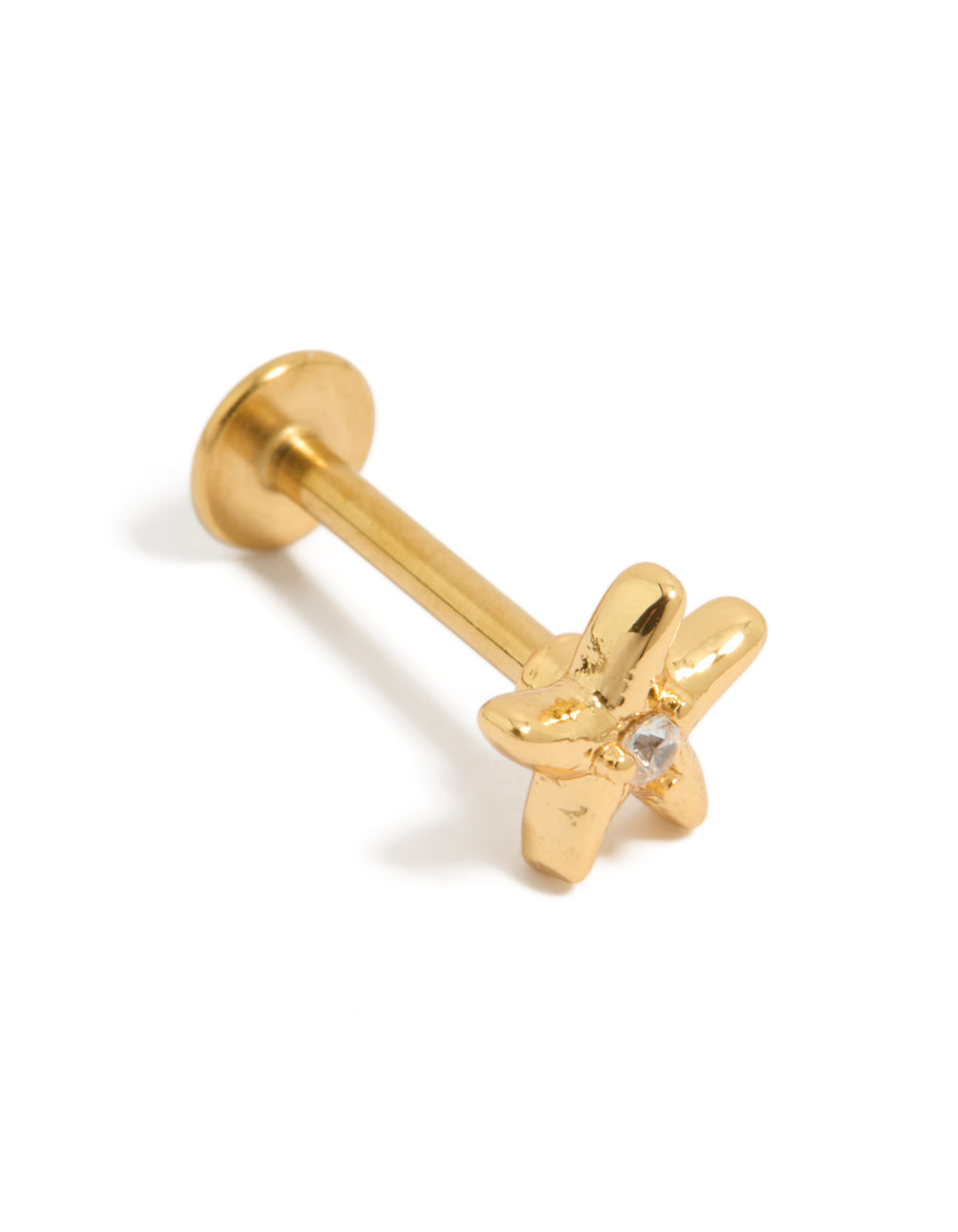Showcasing a gold plated surgical steel cubic zirconia starfish single flat back stud with ocean-inspired design and crystal features front view