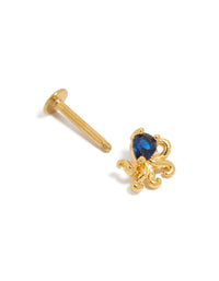 Admire this ocean-themed octopus single flat back stud earring in gold plated surgical steel with royal blue cubic zirconia post detail view - link has visual effect only