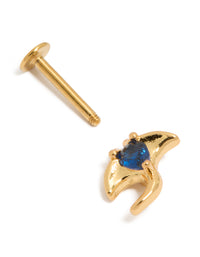 Gold plated surgical steel stingray single flat back stud with cubic zirconia and navy accent post detail view - link has visual effect only