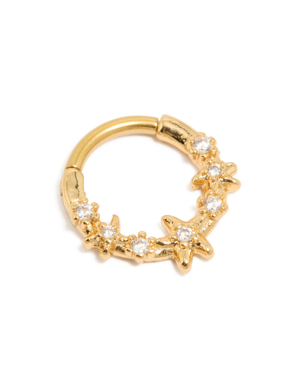 Beautifully crafted ocean starfish clicker ring in gold plated surgical steel with cubic zirconia accents and a dainty design, front view