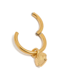 Featuring a gold plated surgical steel scallop shell charm clicker ring with ocean inspired hoop closure detail view - link has visual effect only