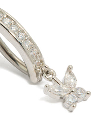 Featuring a butterfly charm belly ring crafted from surgical steel with cubic zirconia in silver and clear stone detail view - link has visual effect only