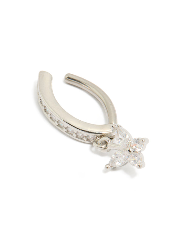 Featuring a butterfly charm belly ring crafted from surgical steel with cubic zirconia in silver and clear stone detail view
