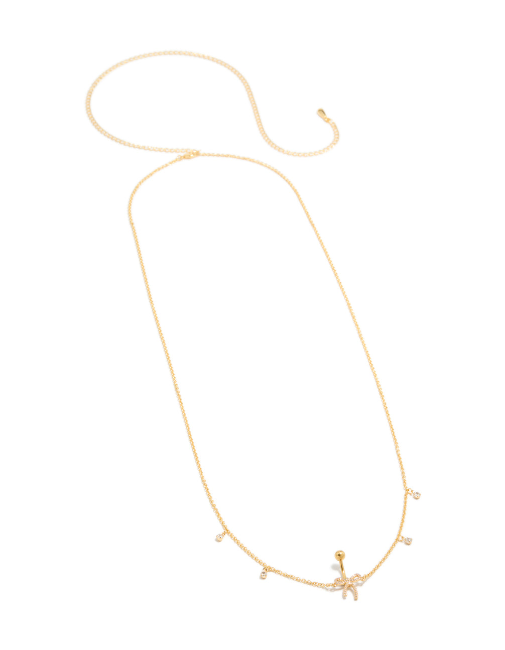 Crafted from gold plated surgical steel with cubic zirconia pavé bow chain belly bar featuring charm belly view
