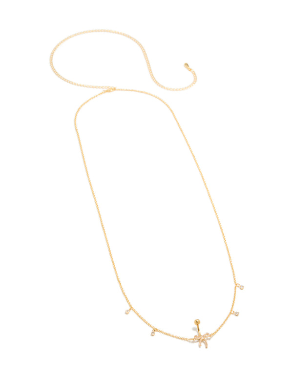 Crafted from gold plated surgical steel with cubic zirconia pavé bow chain belly bar featuring charm belly view