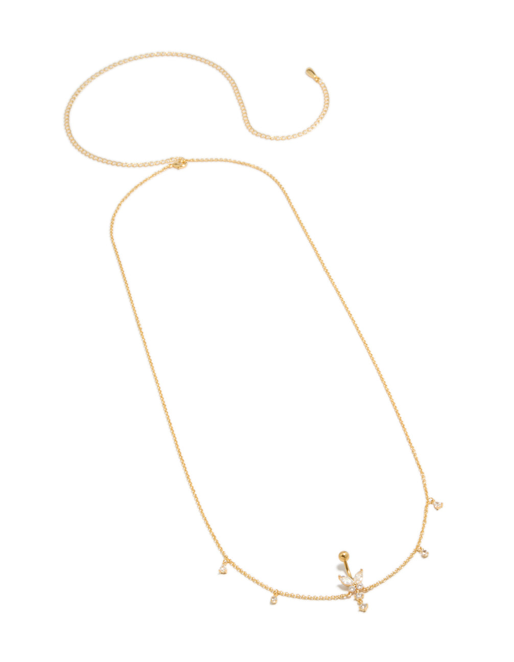 Featuring a gold plated surgical steel cubic zirconia butterfly chain belly bar with charm details belly view