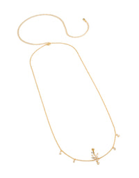 Featuring a gold plated surgical steel cubic zirconia butterfly chain belly bar with charm details belly view - link has visual effect only