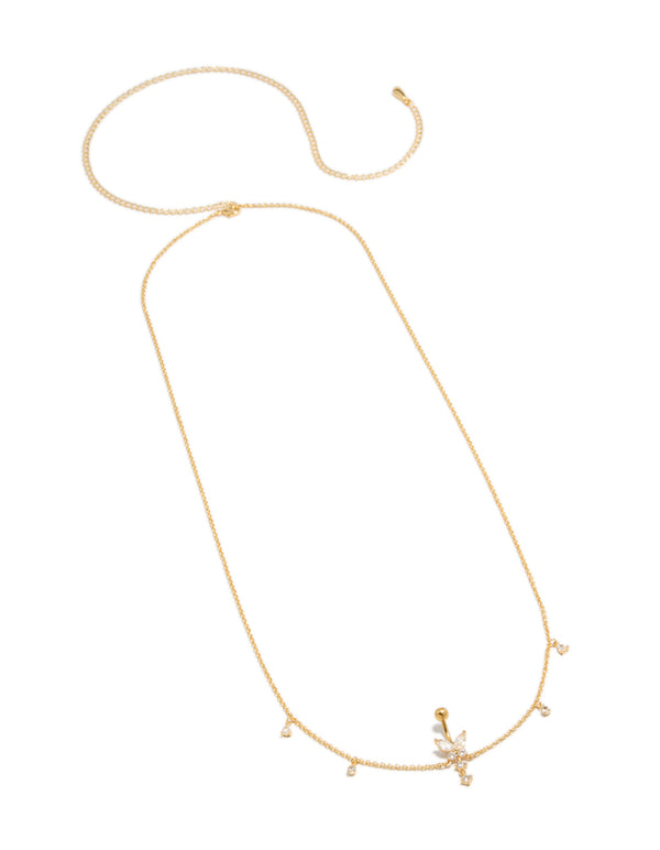 Featuring a gold plated surgical steel cubic zirconia butterfly chain belly bar with charm details belly view