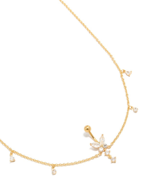 Showcasing a gold plated surgical steel cubic zirconia butterfly chain belly bar with charm details detail view