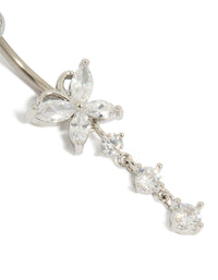 Featuring a titanium belly bar with butterfly charm, bar closure, balls, and cubic zirconia in silver detail view - link has visual effect only