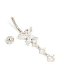 Featuring a titanium belly bar with butterfly charm, bar closure, balls, and cubic zirconia in silver detail view - link has visual effect only
