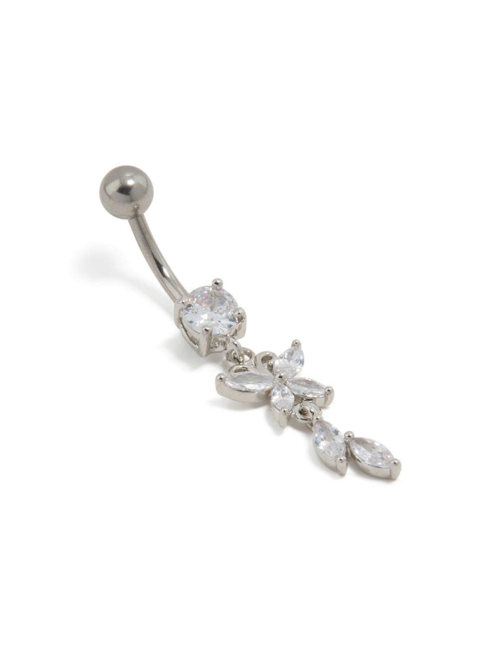 Showcasing a titanium belly bar with butterfly and charm drop, featuring cubic zirconia stones and metal balls on a curved bar front view