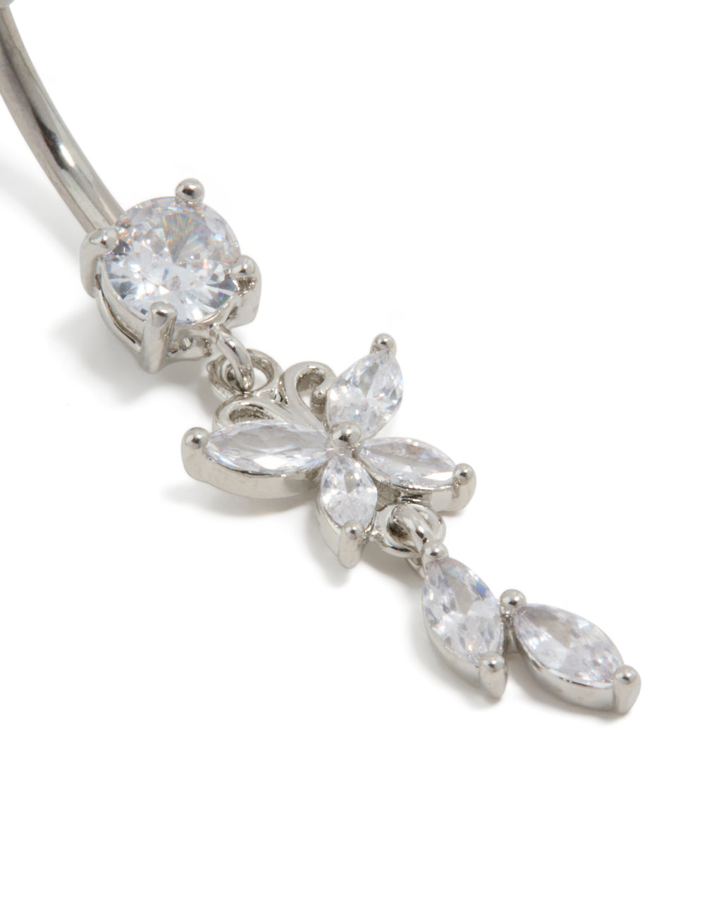 Featuring a titanium belly bar with butterfly and charm drop, showcasing cubic zirconia stones and metal balls on a curved bar close up view