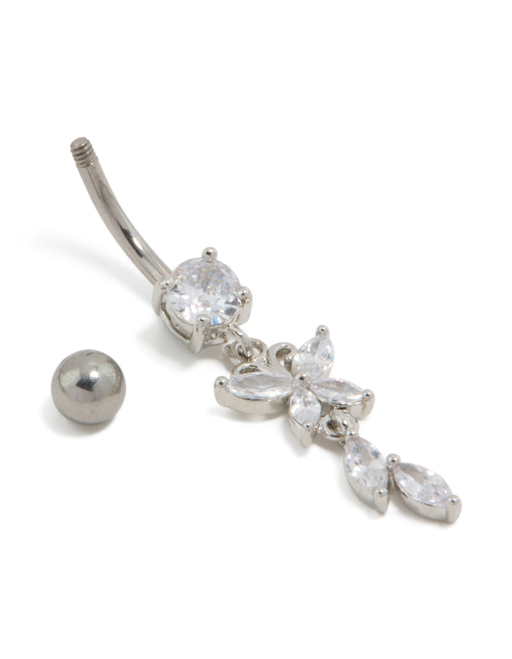 Featuring a titanium belly bar with butterfly and charm drop, showcasing cubic zirconia stones and metal balls on a curved bar close up view