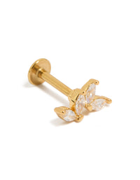 Showcasing single small leaf design stud earrings with small cubic zirconia stones, crafted from titanium and gold plated, featuring flat back closure front view - link has visual effect only
