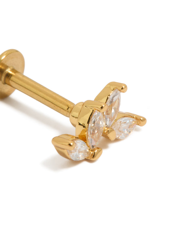 Featuring small leaf design stud earrings with small cubic zirconia stones, crafted from titanium and gold plated, featuring flat back closure close up view