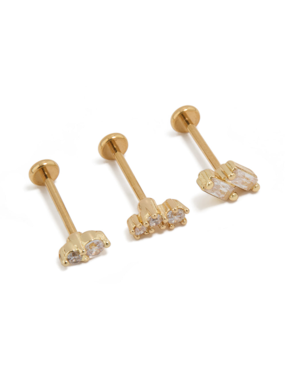 Featuring gold plated titanium earrings with baguette cut cubic zirconia stones in a 3-pack and flat back closure front view