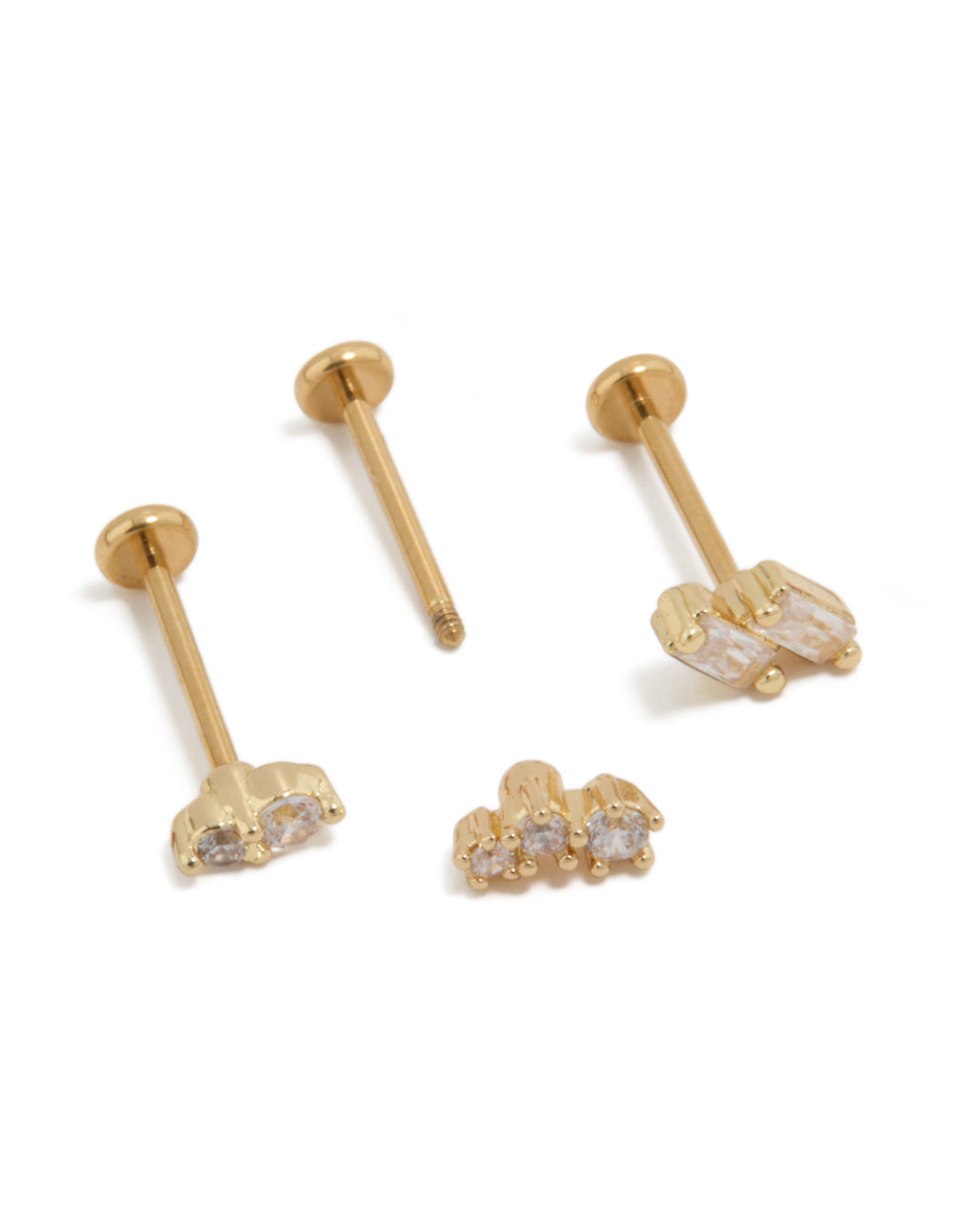 Presenting gold plated titanium earrings with baguette cut cubic zirconia stones in a 3-pack and flat back closure post detail view
