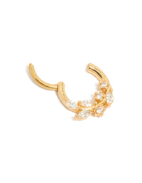 Featuring a vine-inspired floral pattern with marquise and round cut cubic zirconia, this gold plated titanium clicker ring is captured in detail view - link has visual effect only