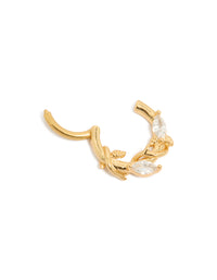 Featuring gold plated titanium clicker ring with leaf design and cubic zirconia stones detail view - link has visual effect only