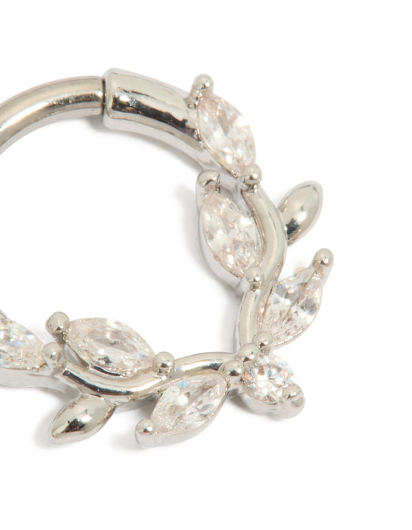 Showcasing a titanium cubic zirconia vine clicker ring in silver and clear stone hoop closure detail view