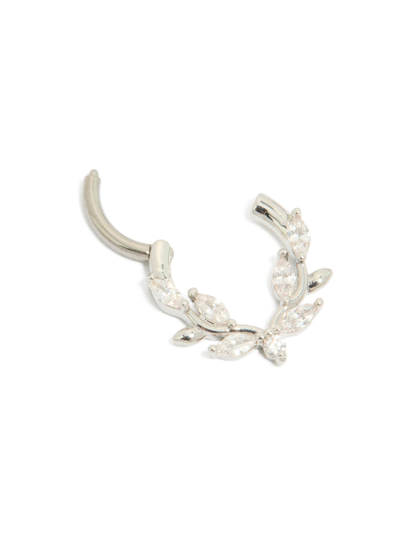 Showcasing a titanium cubic zirconia vine clicker ring in silver and clear stone hoop closure detail view