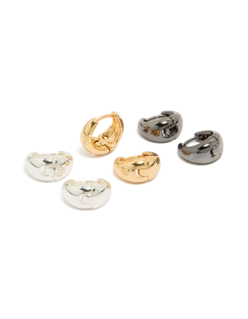 Showcasing mixed metal small graduated huggie earrings in a 3-pack with silver plated and gold plated finishes front view
