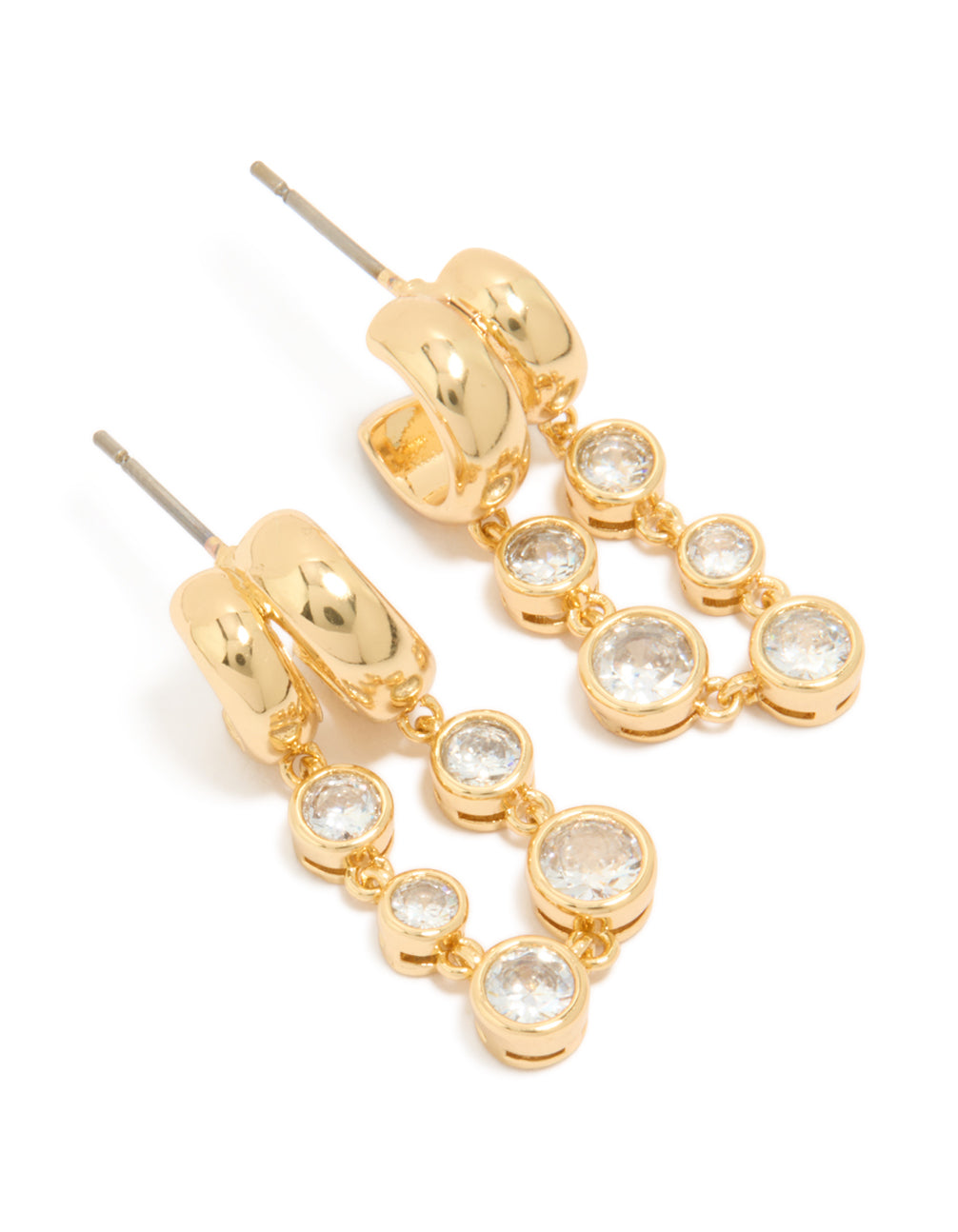 Showcasing these gold plated cubic zirconia bezel double hoop drop earrings with hoop closure in front view