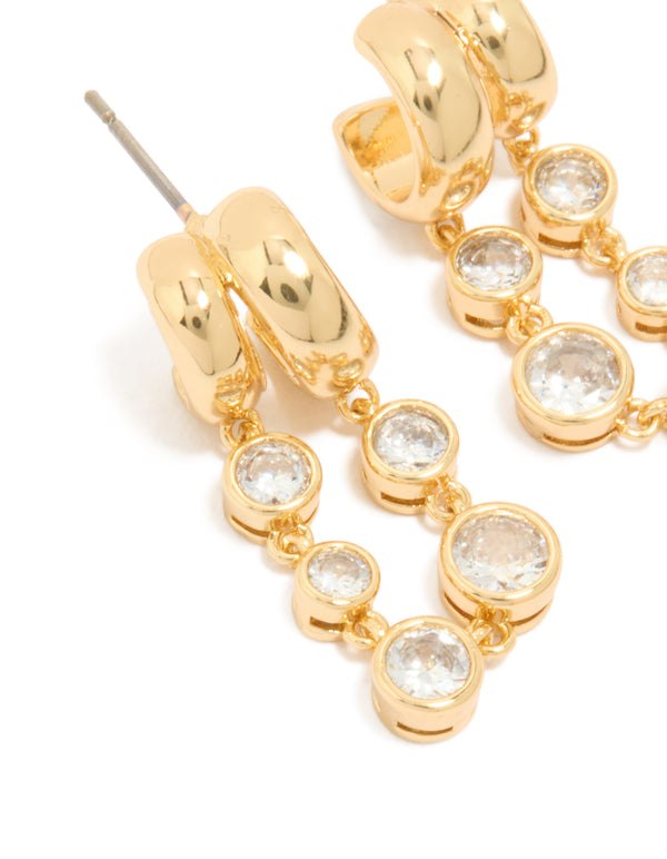 Gold Plated  Cubic Zirconia Bezel Double Hoop Drop Earrings