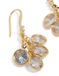 Showcasing gold plated cubic zirconia cluster drop hook earrings with charm details close up view - link has visual effect only