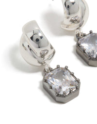 Featuring statement drop earrings with square cubic zirconia stones in gunmetal plated setting close up view - link has visual effect only